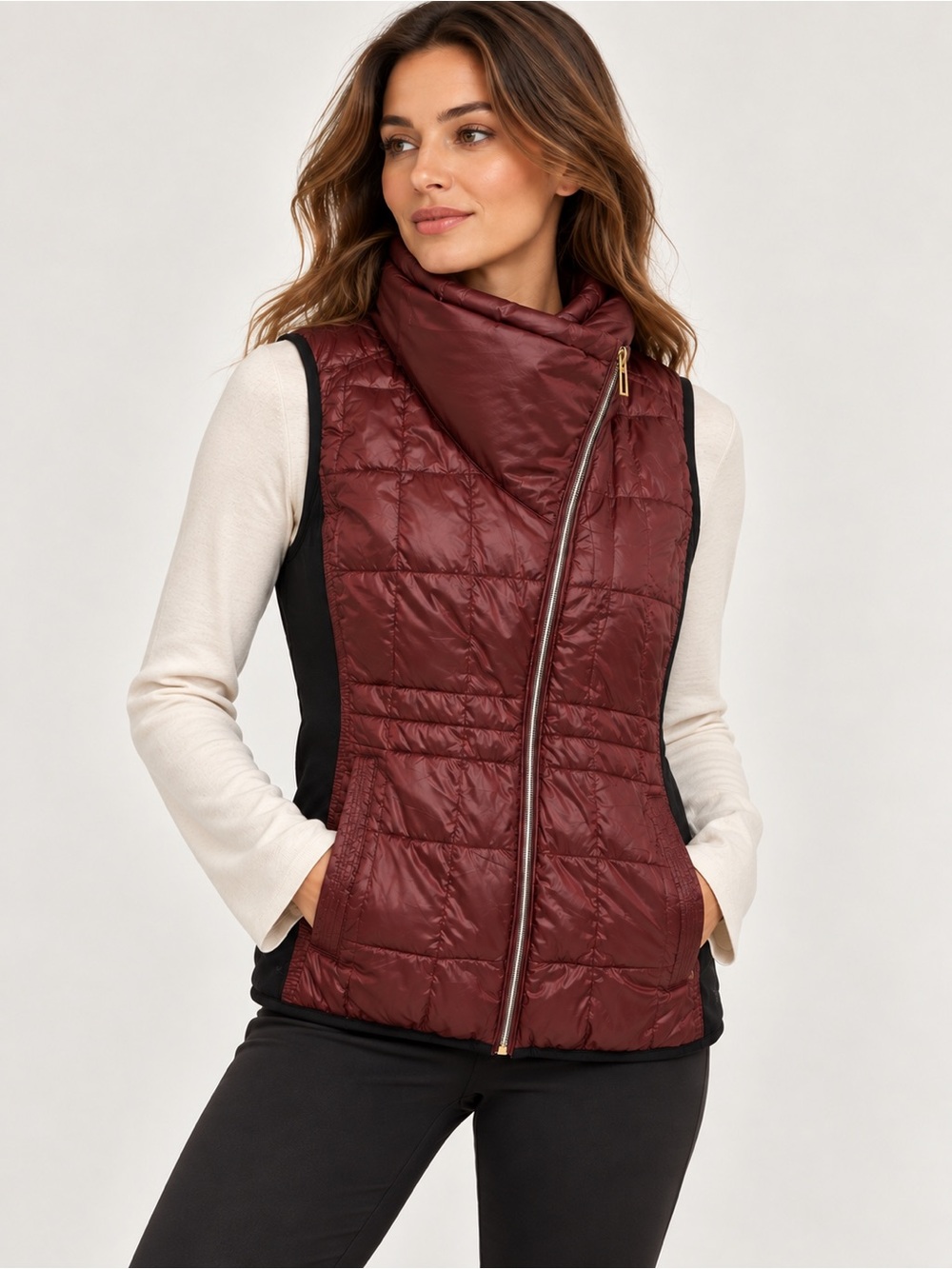 Calvin Klein Quilted Asymmetrical Zip Vest - Burgundy with Black Panels